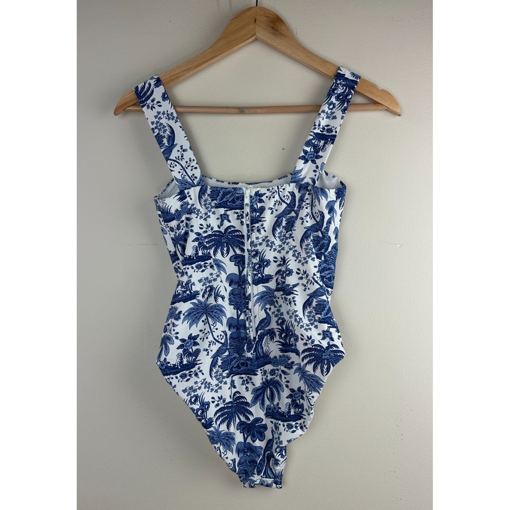 STAUD Adelaide Blue Toile One Piece Swimsuit Corset Boning M Tropical Dog Print - Picture 9 of 14